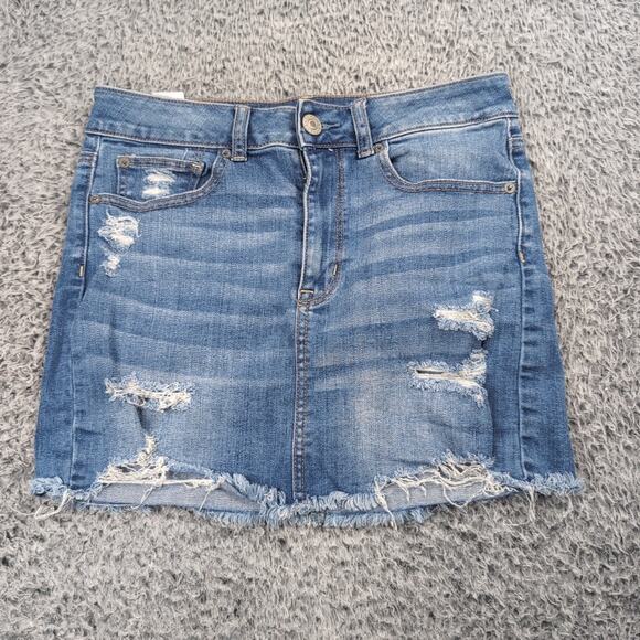 American Eagle Skirt Women 6 Blue Distressed Stretch Hi Rise Mini Casual Denim - Picture 1 of 6